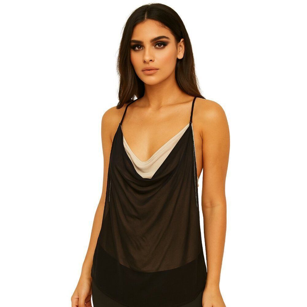 NWT Womens Drape Neck Metal Straps Black Beige Sand Slinky Layered Camisole